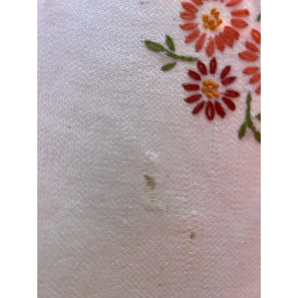 Vintage Red Striped Tablecloth with Embroidered Floral Center Motif